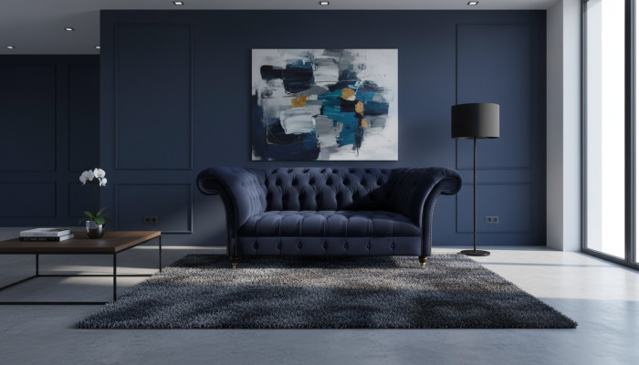 Sofá tapizado Chesterfield azul marino de la sala de estar, sofá de tela, muebles modernos.