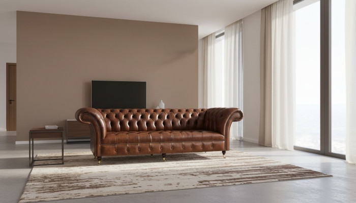 Sofá de cuero Chesterfield marrón Muebles elegantes del salón de 3 plazas