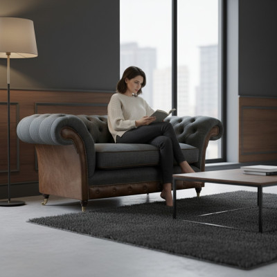 Sillón de una sola plaza Chesterfield marrón-gris para la sala de estar en textil.
