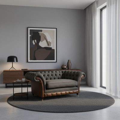 Sillón de una sola plaza Chesterfield marrón-gris para la sala de estar en textil.