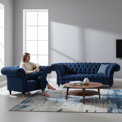 Sofá de tres plazas azul oscuro para la sala de estar, sillón de diseño, elegante conjunto de 2 piezas.