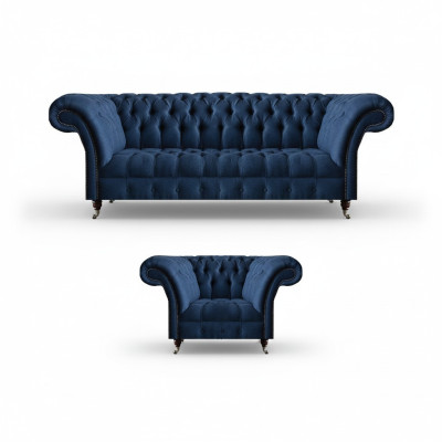 Sofá de tres plazas azul oscuro para la sala de estar, sillón de diseño, elegante conjunto de 2 piezas.