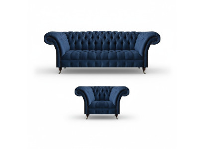 Sofá de tres plazas azul oscuro para la sala de estar, sillón de diseño, elegante conjunto de 2 piezas.