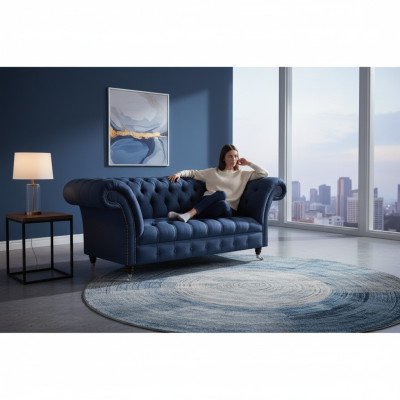 Sofá de tela azul Chesterfield de dos plazas elegante para el salón.