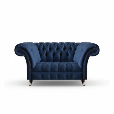 Sofá de tela azul Chesterfield de dos plazas elegante para el salón.