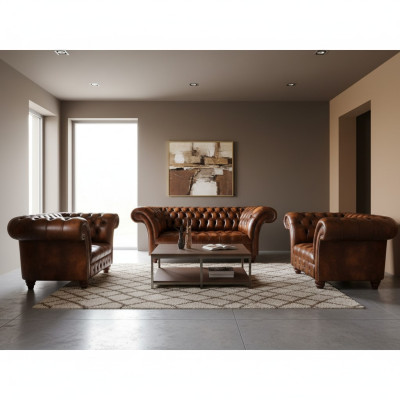 Sala de estar Chesterfield marrón conjunto de 2 sillones de cuero Tres plazas elegante
