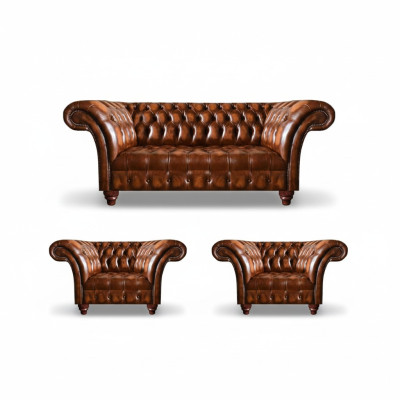 Sala de estar Chesterfield marrón conjunto de 2 sillones de cuero Tres plazas elegante