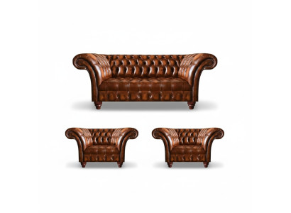 Sala de estar Chesterfield marrón conjunto de 2 sillones de cuero Tres plazas elegante