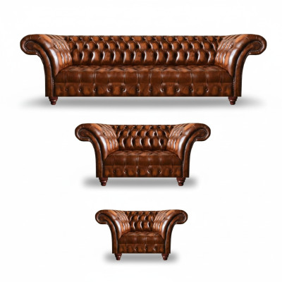 Chesterfield conjunto de cuero marrón para sala de estar, sofás de asiento de cuero de 3 piezas.