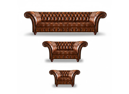 Chesterfield conjunto de cuero marrón para sala de estar, sofás de asiento de cuero de 3 piezas.
