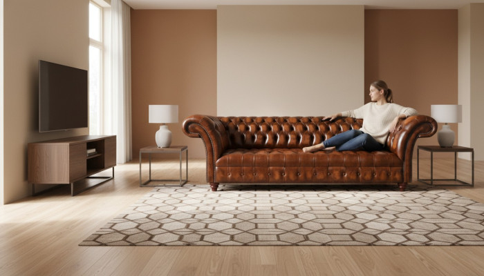 Sofá de cuero Chesterfield, sofá de vinilo marrón, diseñador, muebles de asiento elegantes.