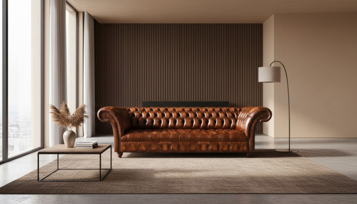 Sofá de cuero Chesterfield, sofá de vinilo marrón, diseñador, muebles de asiento elegantes.