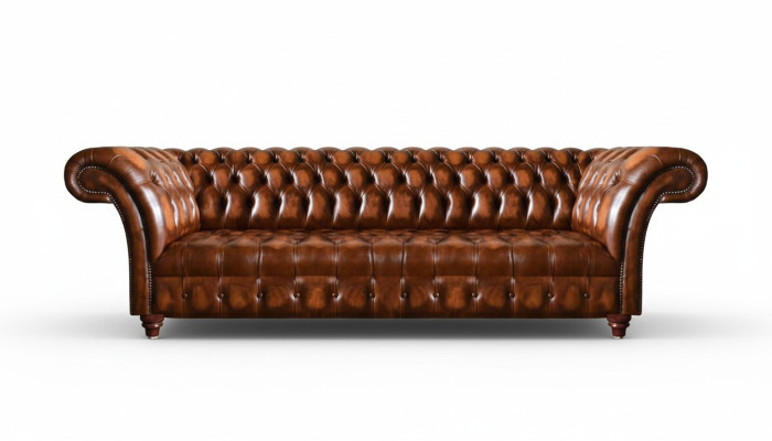 Sofá de cuero Chesterfield, sofá de vinilo marrón, diseñador, muebles de asiento elegantes.