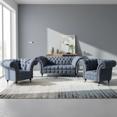 Conjunto Chesterfield de tapicería gris, muebles 2 sillones reclinables y sofá de tres plazas.