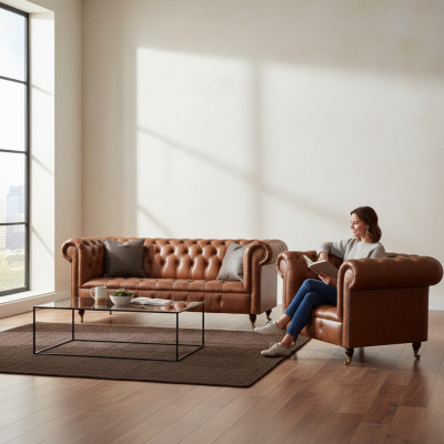 Sofás de cuero Chesterfield marrones elegantes, conjunto completo de sofás de 2 piezas.