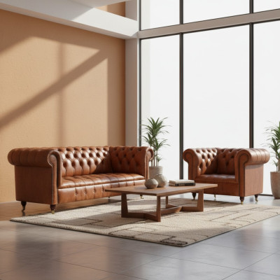Sofás de cuero Chesterfield marrones elegantes, conjunto completo de sofás de 2 piezas.