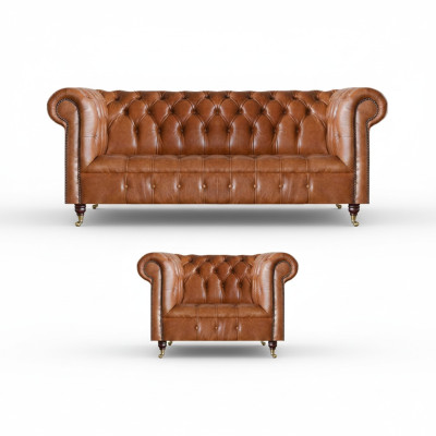 Sofás de cuero Chesterfield marrones elegantes, conjunto completo de sofás de 2 piezas.
