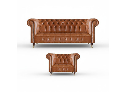 Sofás de cuero Chesterfield marrones elegantes, conjunto completo de sofás de 2 piezas.