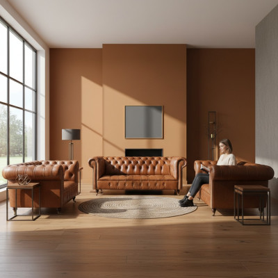 Sofás de cuero Chesterfield marrón, diseño de salón, muebles de 3 piezas.