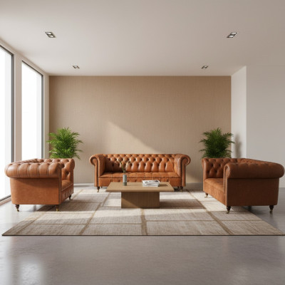 Sofás de cuero Chesterfield marrón, diseño de salón, muebles de 3 piezas.