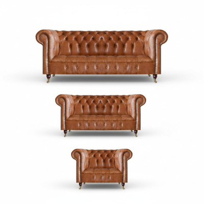 Sofás de cuero Chesterfield marrón, diseño de salón, muebles de 3 piezas.