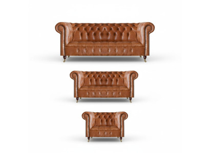 Sofás de cuero Chesterfield marrón, diseño de salón, muebles de 3 piezas.