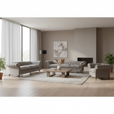 Chesterfield conjunto de sofás de tela gris claro sala de estar muebles tapizados.