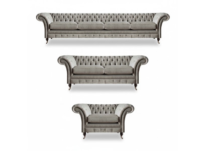 Chesterfield conjunto de sofás de tela gris claro sala de estar muebles tapizados.