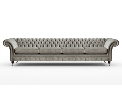 Sofá tapizado Chesterfield gris claro de diseñador de 4 plazas en textil.