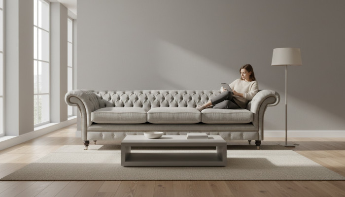 Chesterfield sofás de tres plazas grises para la sala de estar, sofás tapizados de diseñador.