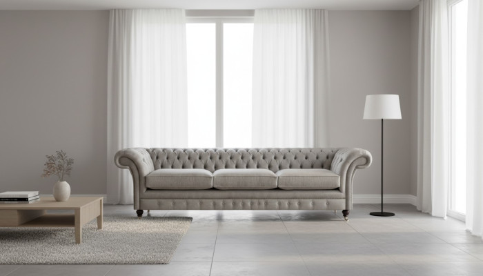 Chesterfield sofás de tres plazas grises para la sala de estar, sofás tapizados de diseñador.