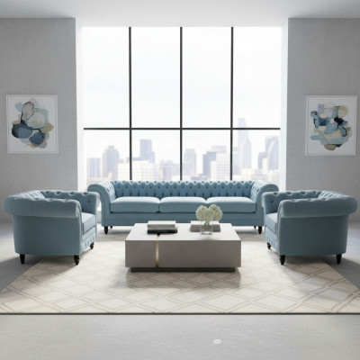 Chesterfield tapizado Muebles de asiento Set de sofás azules 3 plazas 2x sillón.