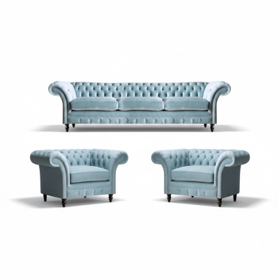 Chesterfield tapizado Muebles de asiento Set de sofás azules 3 plazas 2x sillón.