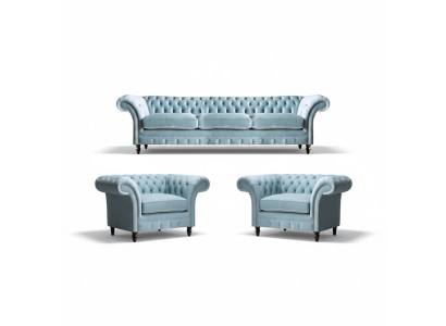 Chesterfield tapizado Muebles de asiento Set de sofás azules 3 plazas 2x sillón.