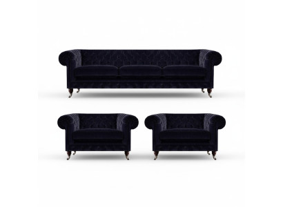 Sofá Chesterfield azul conjunto de diseñador de 3 plazas 2 sillones tapizados de 3 piezas