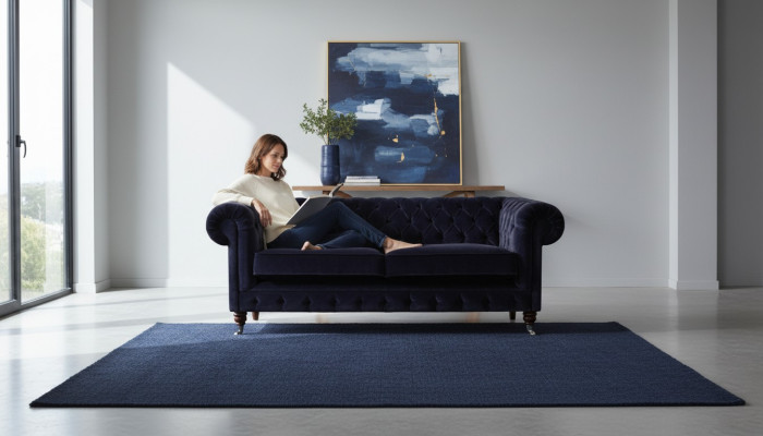 Sofá de dos plazas Chesterfield de color azul oscuro para la sala de estar, elegante y hecho de tela de alta calidad.