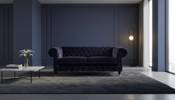 Sofá de dos plazas Chesterfield de color azul oscuro para la sala de estar, elegante y hecho de tela de alta calidad.
