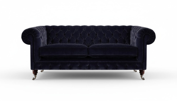 Sofá de dos plazas Chesterfield de color azul oscuro para la sala de estar, elegante y hecho de tela de alta calidad.