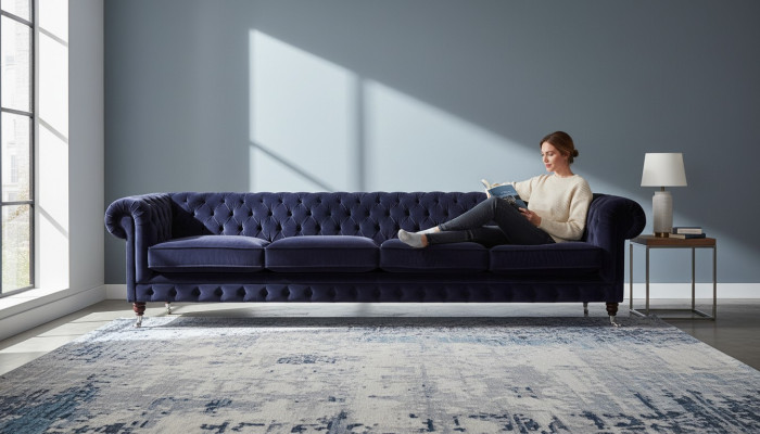 Sofá de 4 plazas Chesterfield azul oscuro para sala de estar, muebles tapizados.