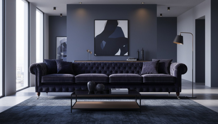 Sofá de 4 plazas Chesterfield azul oscuro para sala de estar, muebles tapizados.
