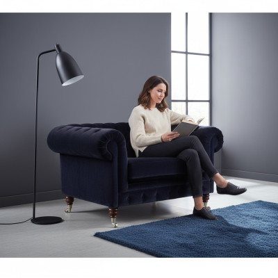 Sillón Chesterfield azul oscuro, diseño de sala de estar, de diseñador, de una sola plaza.