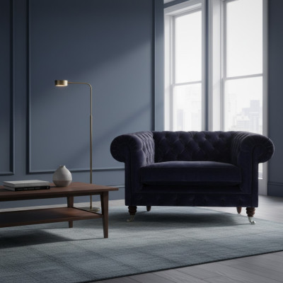 Sillón Chesterfield azul oscuro, diseño de sala de estar, de diseñador, de una sola plaza.