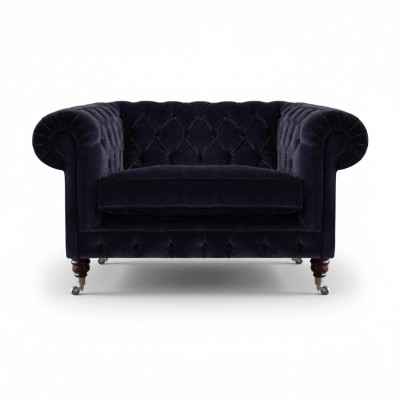 Sillón Chesterfield azul oscuro, diseño de sala de estar, de diseñador, de una sola plaza.