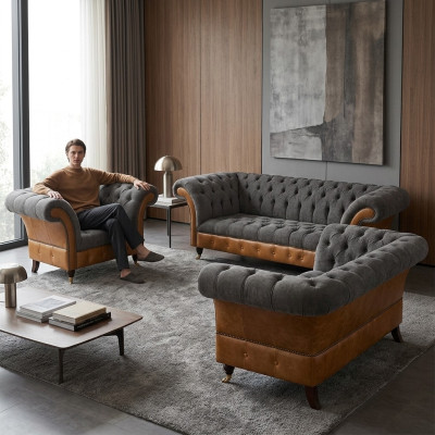 Sofás de tela Chesterfield gris-marrón, muebles tapizados de diseño para la sala de estar.