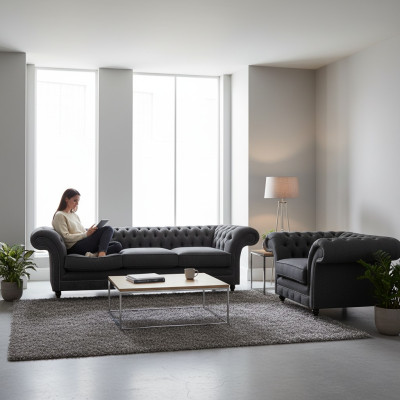 Sofá Chesterfield de diseñador con juego de asientos acolchados de 3 plazas y una elegante butaca de respaldo alto.