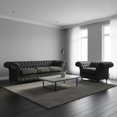 Sofá Chesterfield de diseñador con juego de asientos acolchados de 3 plazas y una elegante butaca de respaldo alto.