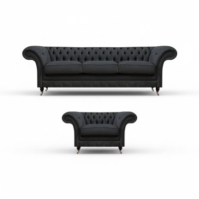 Sofá Chesterfield de diseñador con juego de asientos acolchados de 3 plazas y una elegante butaca de respaldo alto.