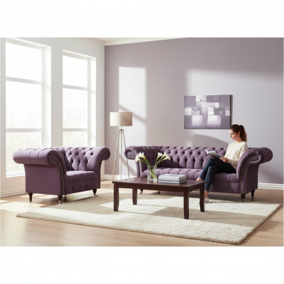 Chesterfield morado conjunto de sofá de sala de estar elegante de 3 plazas de tela sillón.