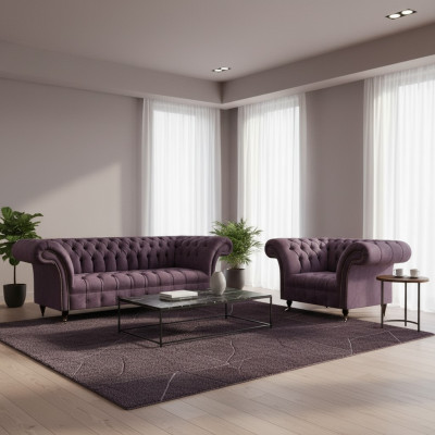 Chesterfield morado conjunto de sofá de sala de estar elegante de 3 plazas de tela sillón.