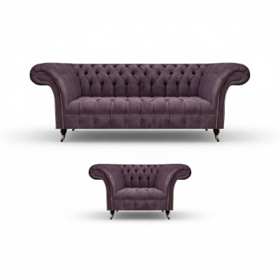 Chesterfield morado conjunto de sofá de sala de estar elegante de 3 plazas de tela sillón.